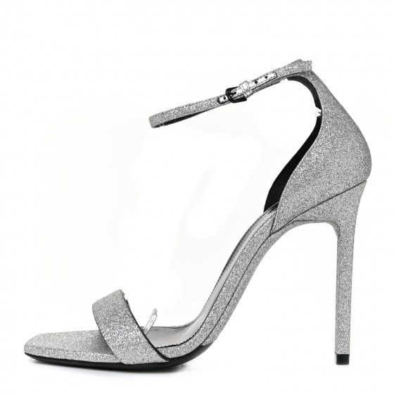 SAINT LAURENT Glitter Amber 105 Ankle Strap Sandals 38 Silver | Fashionphile