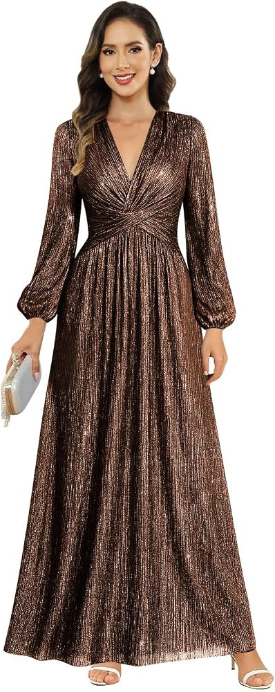 Women's V Neck A-Line Formal Wedding Guest Dresses Long Lantern Sleeves Floor Length Glitter Even... | Amazon (US)