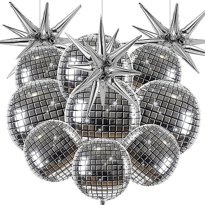 Cadeya 12 Pcs Disco Ball Balloons, Huge Silver Explosion Star Aluminum Foil Balloons for Birthday... | Amazon (US)
