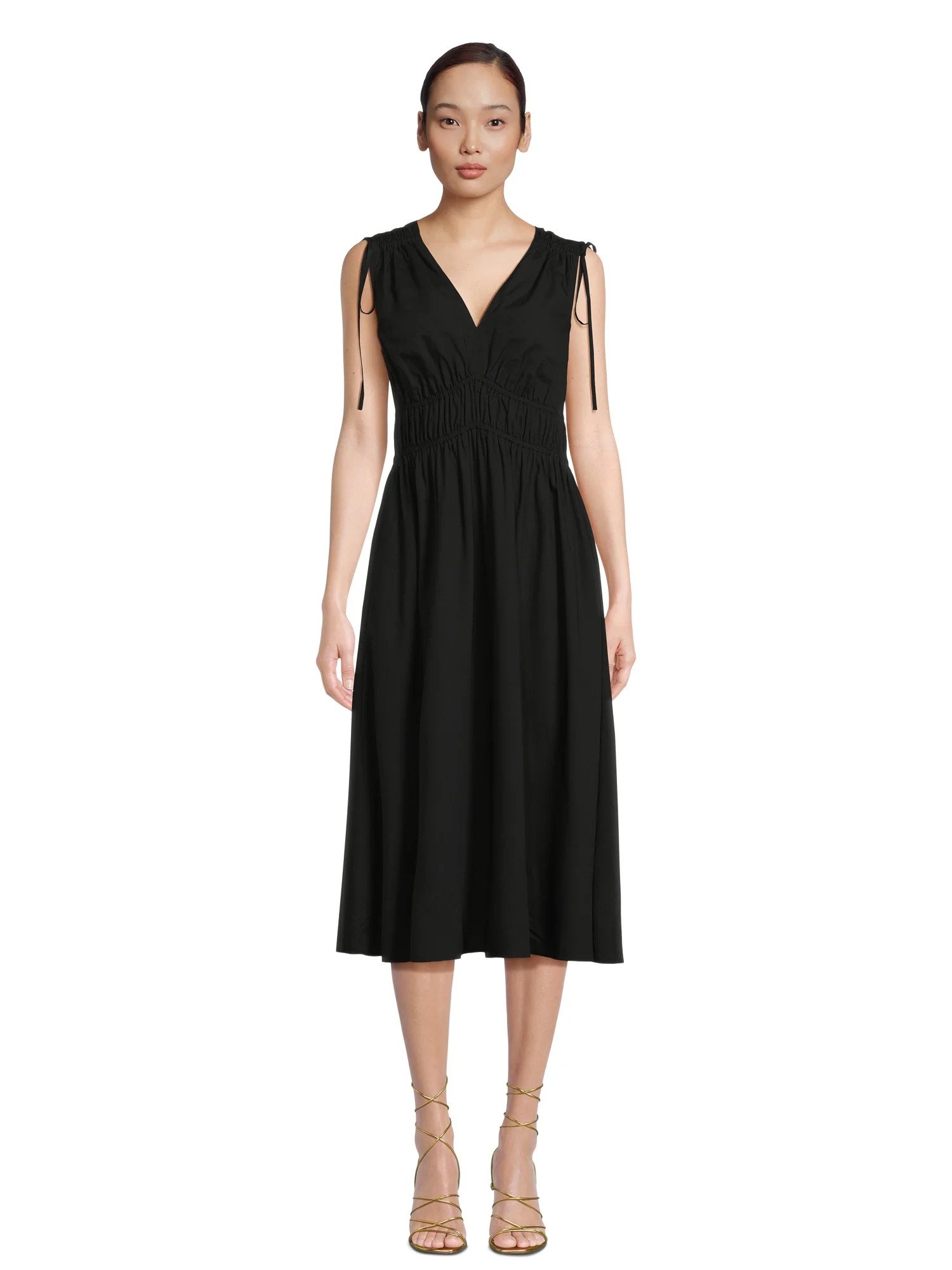 Time and Tru Women's V Neck Smocked Midi Dress, Sizes XS-XXL - Walmart.com | Walmart (US)