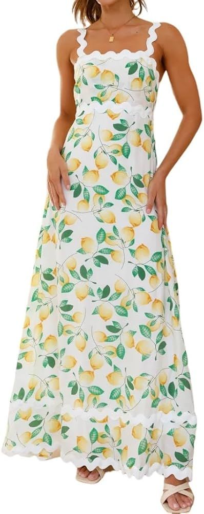 Women's Classy Sleeveless Lemon Print Maxi RIC Rac Dress | Amazon (US)