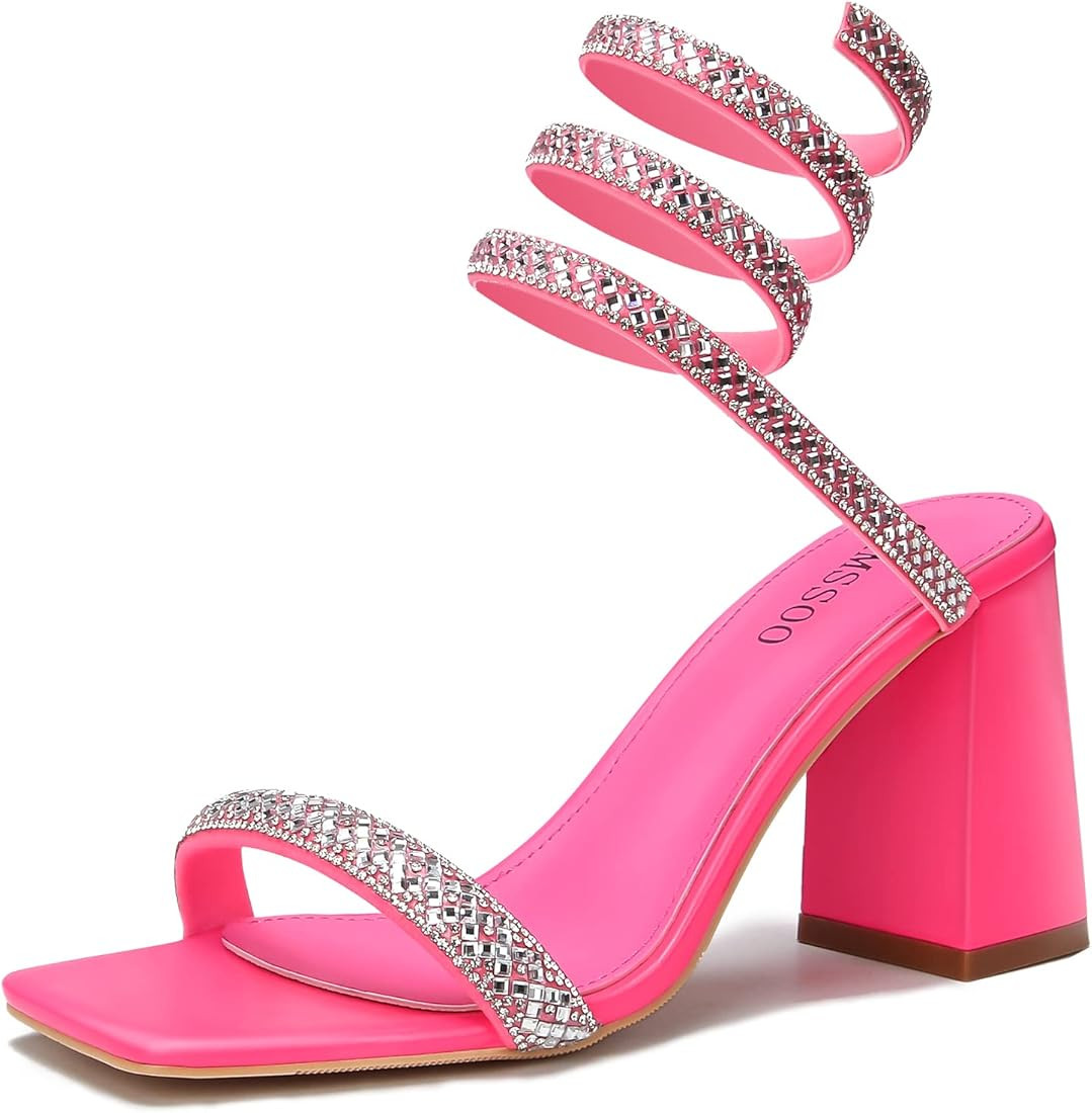 CAMSSOO Strappy Heels For Women Rhinestone Chunky High Heel Sandals Ankle Strap Square Toe Weddin... | Amazon (US)