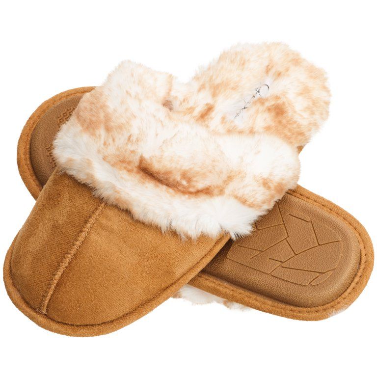 Jessica Simpson Comfy Faux Fur Womens House Slipper Scuff Memory Foam Slip On Anti-Skid Sole | Walmart (US)