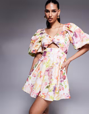ASOS LUXE printed twisted front puff sleeve skater dress in floral | ASOS (Global)