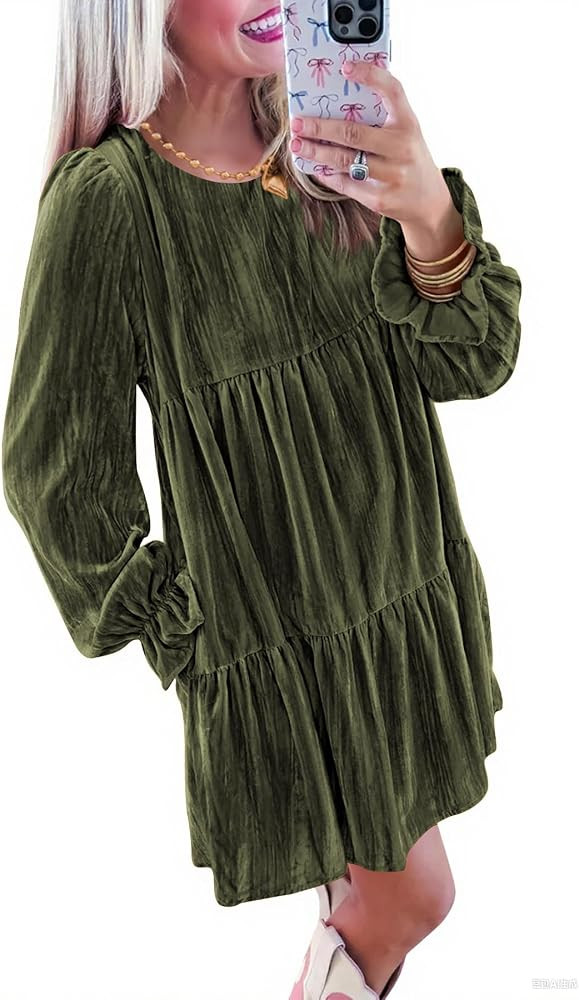 Naggoo Women's Fall Semi Formal Crushed Velvet Babydoll Dress with Pockets | Amazon (US)