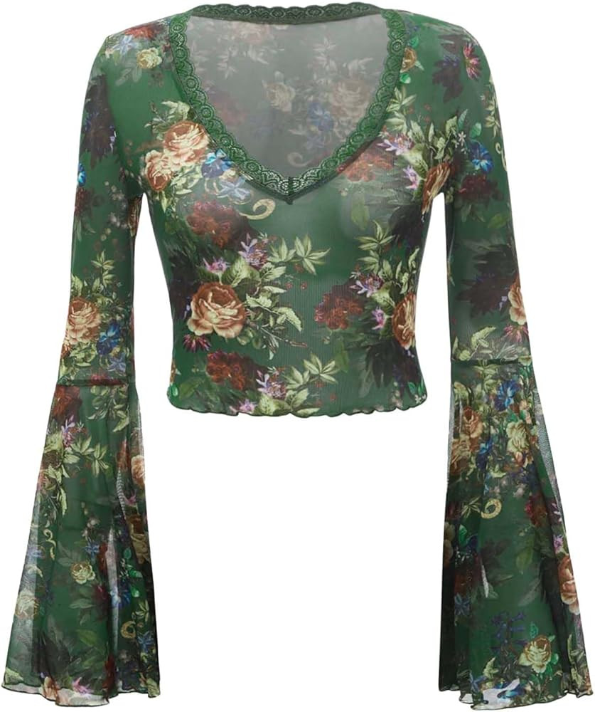 Floerns Women's Floral Print Flare Sleeve Lace Trim Mesh Crop Top Tee Shirts | Amazon (US)