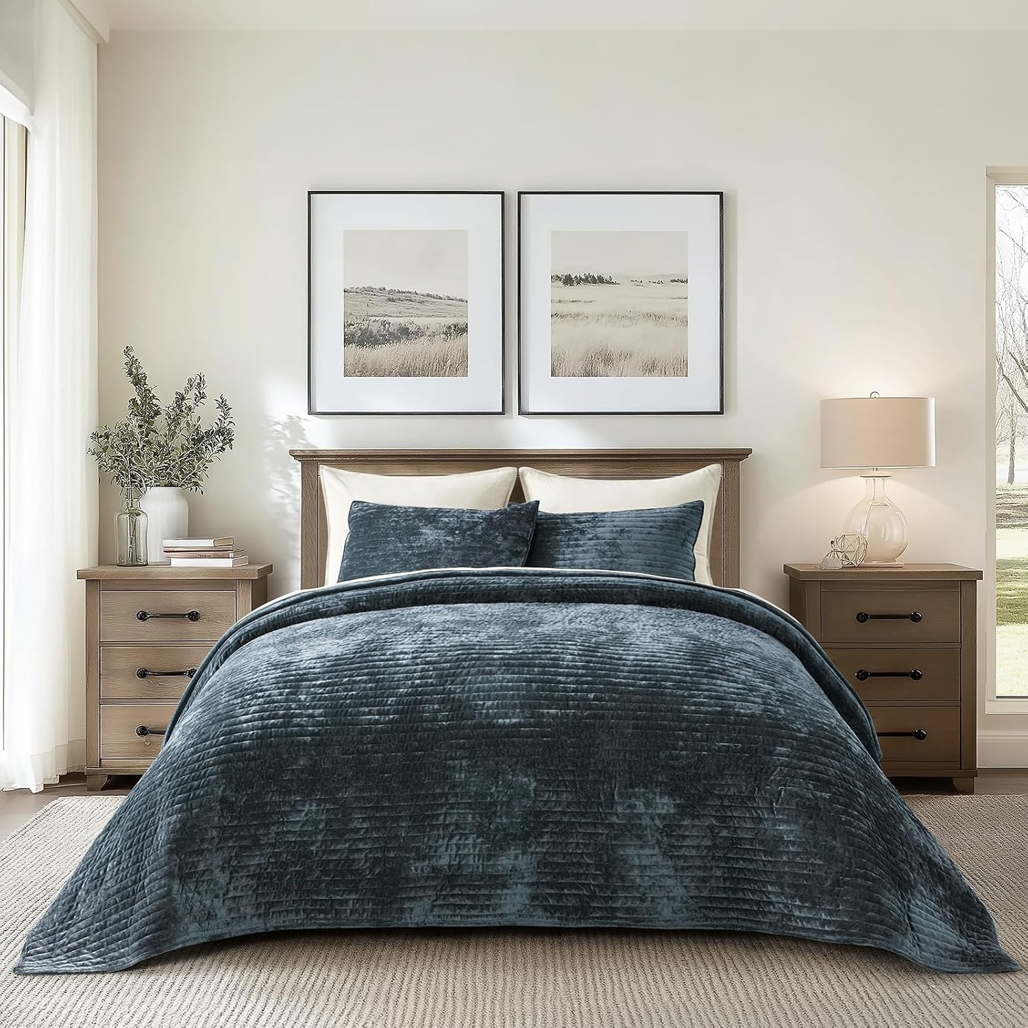 EverGrace Stripe Channel Luxury Velvet Quilt Set King Size, Stormy Blue | Amazon (US)