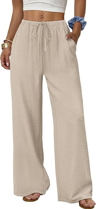 Sampeel Wide Leg Pants for Women Flowy Palazzo Drawstring Elastic Waist Trousers with Pockets Summer Beach Vacation Clothes | Amazon (US)