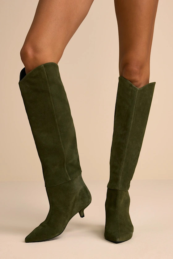 Love In A Mist Olive Suede Leather Knee-High Kitten Heel Boots | Lulus