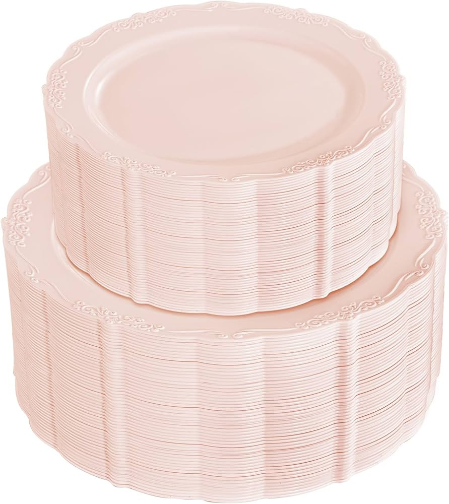 U-QE 100PCS Mauve Pink Plastic Plates for Party - Plastic Party Plates Disposable Heavy Duty - Pi... | Amazon (US)