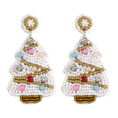 Beaded White Christmas Tree Dangle Earrings for Women, Handmade Beads Cute Xmas Tree Drop Earring with Rhinestone for Christmas Holiday Party Jewelry Gift | Amazon (US)