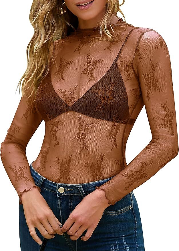 MEROKEETY 2024 Womens Mesh Sheer Long Sleeve Layering Top Mock Neck Lace Floral See Through Shirt... | Amazon (US)