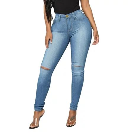Women s Ripped Jeans Hole Button Zipper Pocket Jeans Casual Denim Flares Wide Leg Slim Pants | Walmart (US)