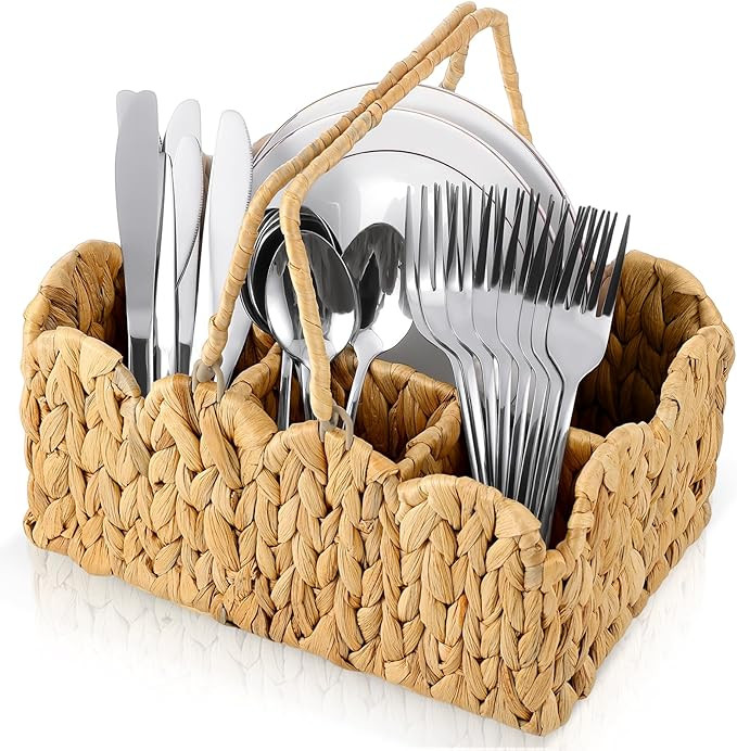 Wicker Utensil Caddy Basket, Flatware Silverware Holder, Utensil Holder for Party, Hand Woven Div... | Amazon (US)
