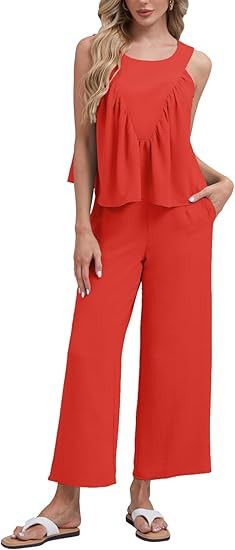 FANCYINN Women's Summer 2 Piece Outfits Peplum Ruffle Sleeveless Babydoll Tank Top Wide Leg Pants... | Amazon (US)