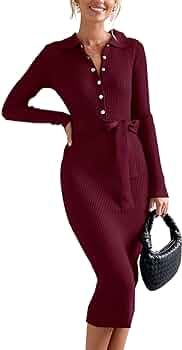 BTFBM 2024 Women V Neck Long Sleeve Bodycon Sweater Dress Button Up Tie Waist Ribbed Knit Midi Pe... | Amazon (US)