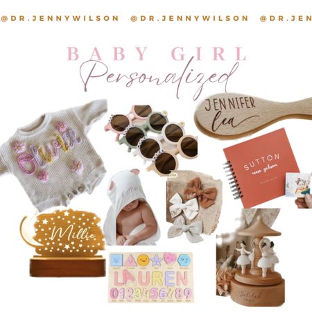 The cutest personalized custom outfit, sunglasses, brush, night light, bath towel, bows, baby book, learning board, and musical wind up carousel for baby girl. These items would make great baby shower gifts! 

#LTKbaby #LTKbump #LTKkids
