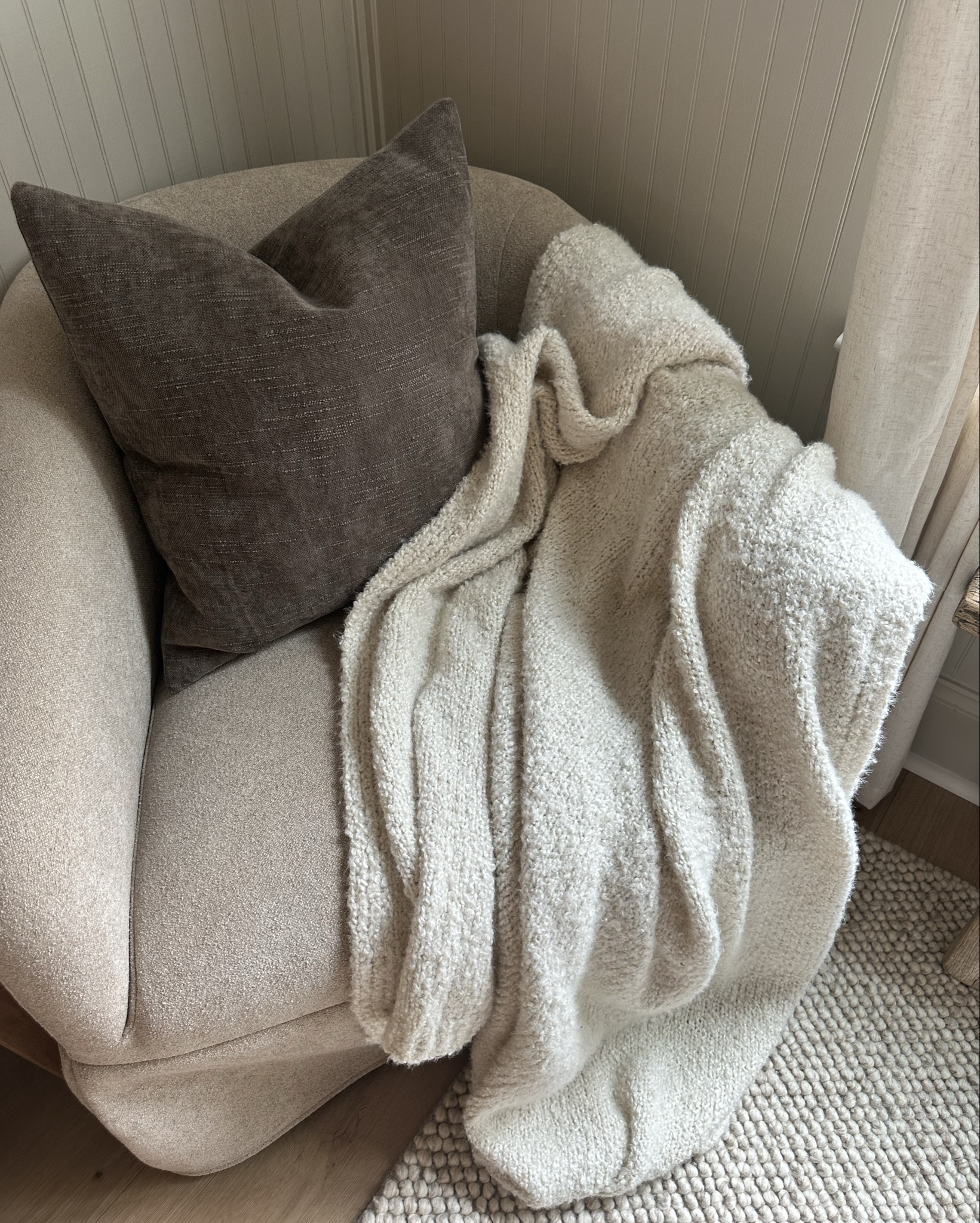 Accent chair styling! Throw pillow 20x20 in taupe gray
Cream throw blanket is huge and SO soft- neutral rug

Rugs- pillows-  blankets- chairs 

#LTKSaleAlert #LTKHome #LTKFindsUnder50
