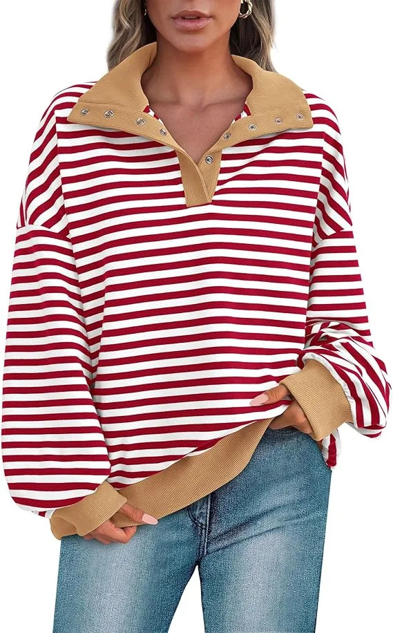 PRETTYGARDEN Women's Oversized Striped Sweatshirts Spring Fall Trendy Casual Long Sleeve Button U... | Walmart (US)