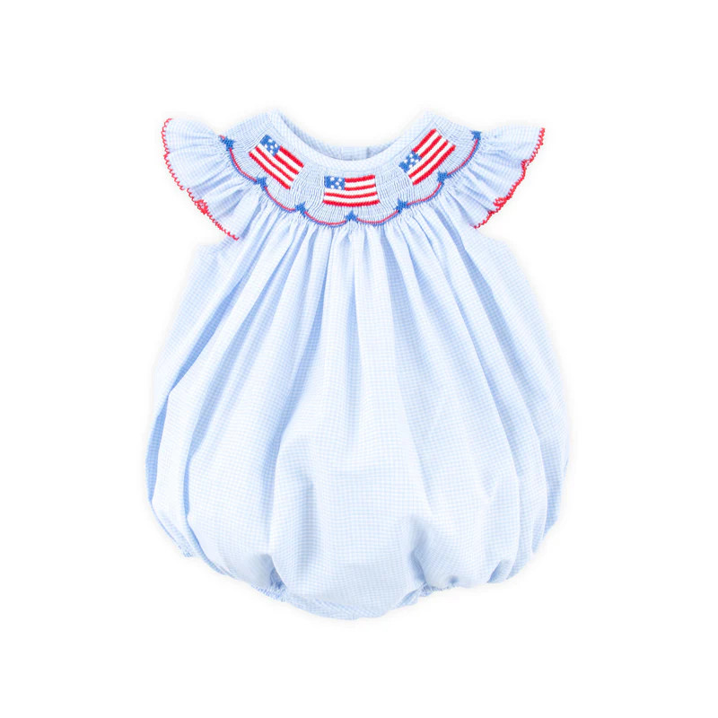 Light Blue Gingham Flag Smocked Bubble | Classic Whimsy