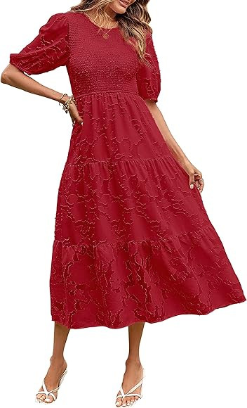 MEROKEETY Women's 2023 Summer Puff Sleeve Smocked Floral Dress Crewneck Lace Flowy Tiered Midi Dr... | Amazon (US)