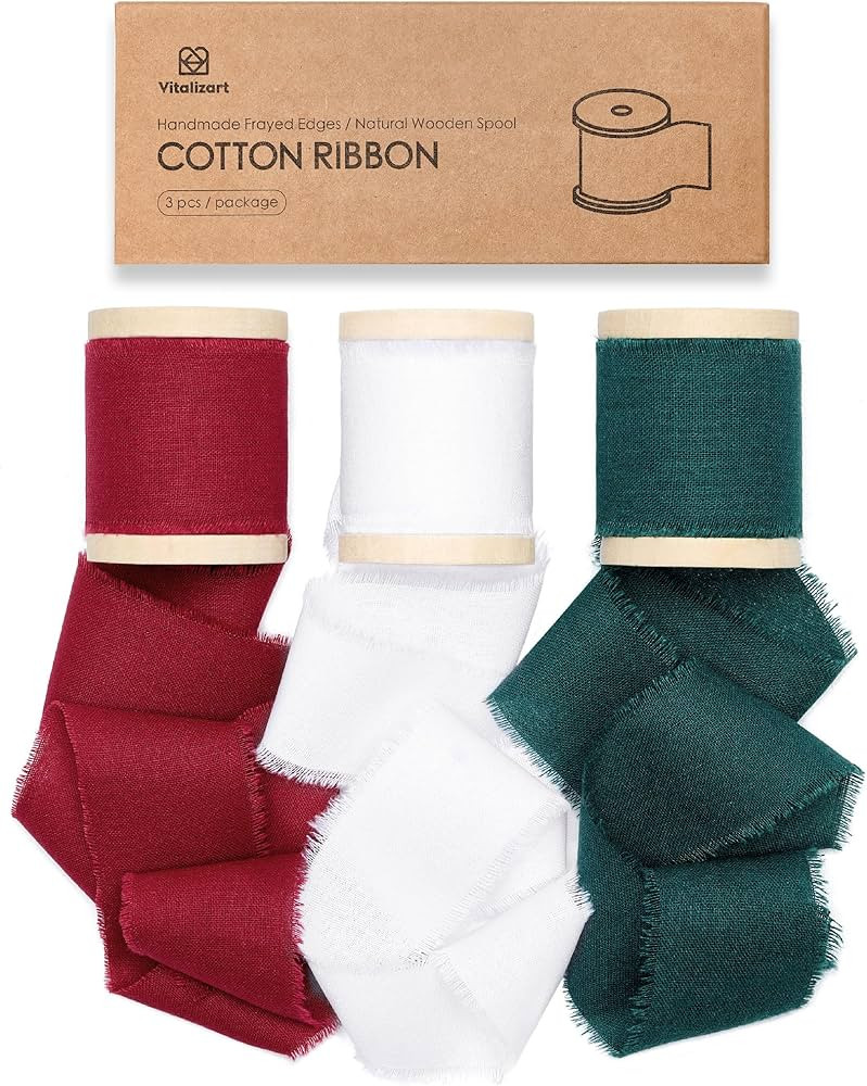 Vitalizart Christmas Ribbon 1-1/2" x 15 Yd 100% Cotton Handmade Frayed Fringe Fabric Ribbons for ... | Amazon (US)