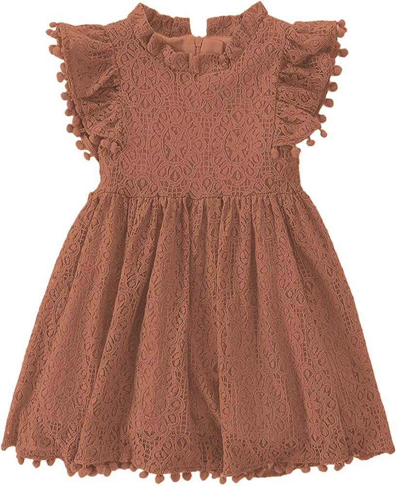 Niyage Toddler Girls Elegant Lace Pom Pom Flutter Sleeve Party Princess Dress | Amazon (US)