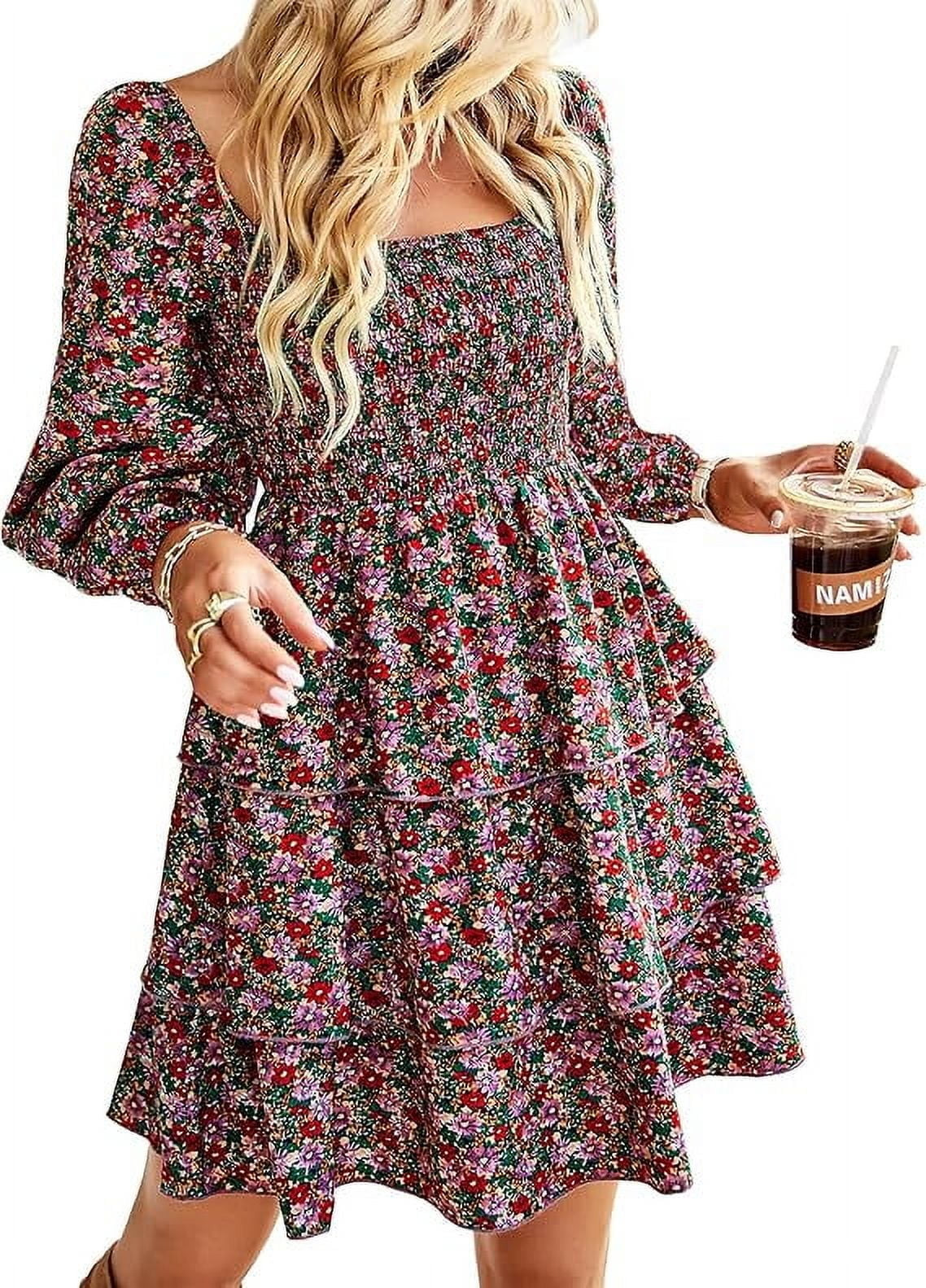 FreshPrettyWomen Square Neck Smocked Dresses Summer Spring Long Sleeve Floral Swiss Dot Mini Boho... | Walmart (US)