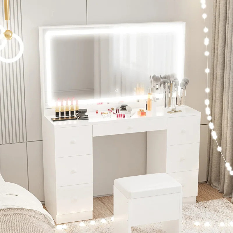 Latitude Run® Makeup Vanity Desk with LED Lighted Mirror & Power Outlet & 7 Drawers "& Reviews" ... | Wayfair North America