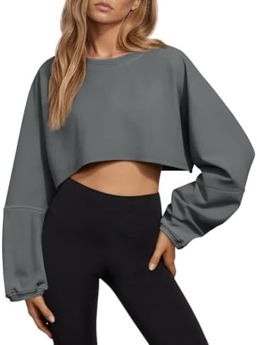 Tankaneo Womens Long Ballon Sleeve Sweatshirts Tops Cropped Crew Neck Loose Fit Casual Workout Sh... | Amazon (US)