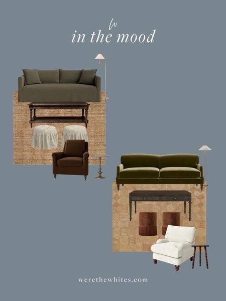 Two very similar living room designs—which do you prefer? I love the layered velvet texture in the second design with the olive green sofa and rust ottomans. The first design has a beautiful timeless linen sofa with patterned ottomans, and a velvet arm chair! I love both! Almost all of these pieces are on sale right now for Memorial Day too! 

#LTKSaleAlert #LTKHome #LTKStyleTip
