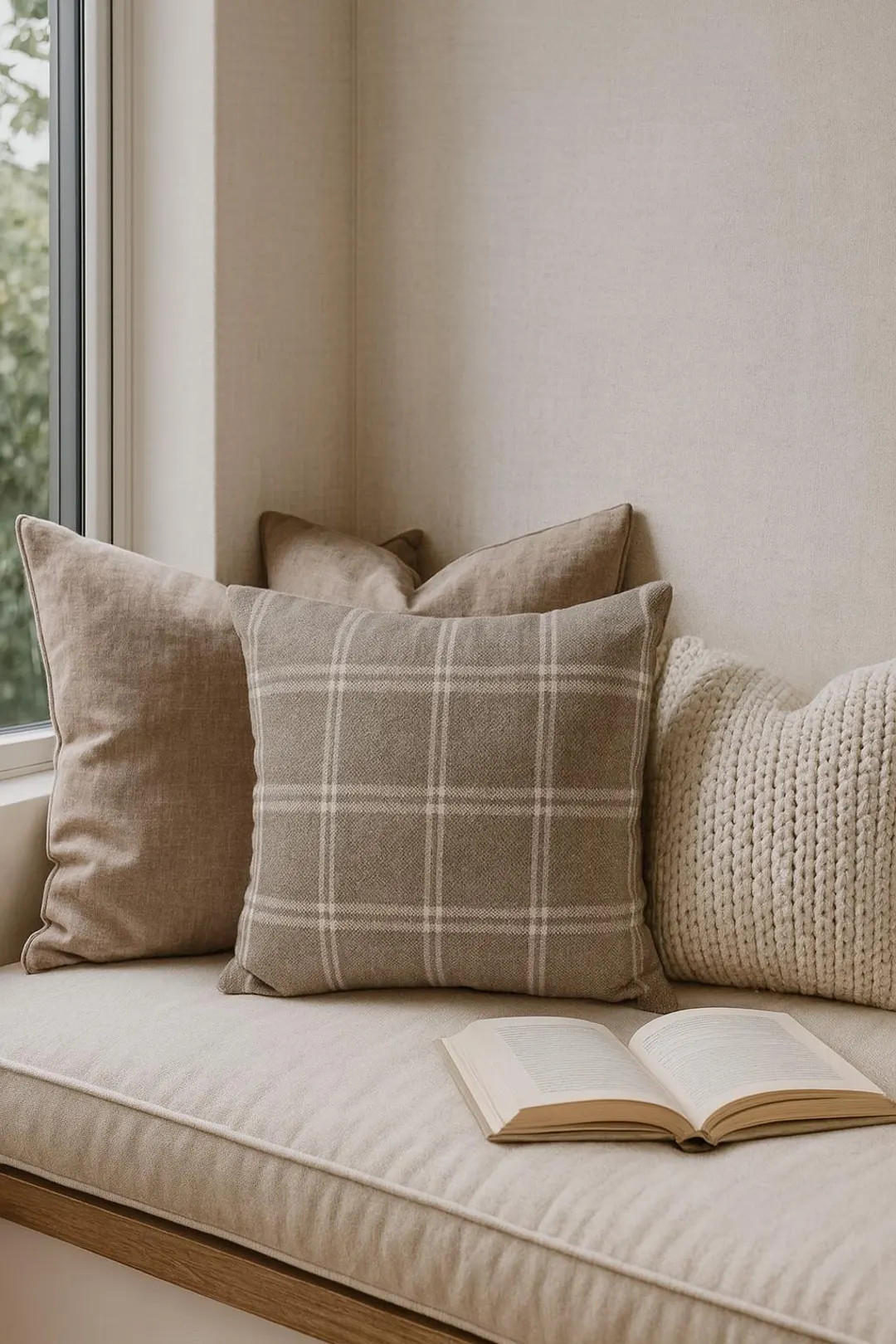 Warm Greige Plaid Pillow Cover – Double Sided Print, Neutral Taupe Grey Check Cushion, Cozy Mod... | Etsy (US)