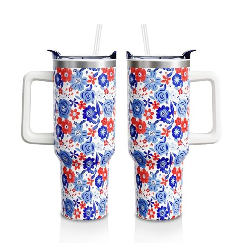 Sabobo Red and Blue Floral Cup Gifts for Women Men, Patriotic 40oz Tumbler with Handle and Straw, 4th of July Flower Stainless Steel Insulated Water Bottle (1 PC) | Amazon (US)