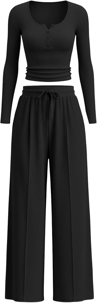 Women's 2 Piece Lounge Set 2025 Fall Travel Outfits Knit Long Sleeve Top Henley Shirt Wide Leg Pa... | Amazon (US)