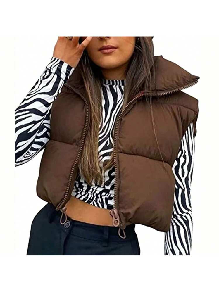 Women Winter Cropped Puffer Vest Lightweight Sleeveless Warm Stand Neck Zipper Outerwear Casual J... | SHEIN