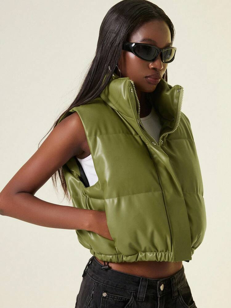 Aveloria Affinna Casual Solid Color Sleeveless Short Padded Padded Coat, Winter Clothes , Puffer... | SHEIN