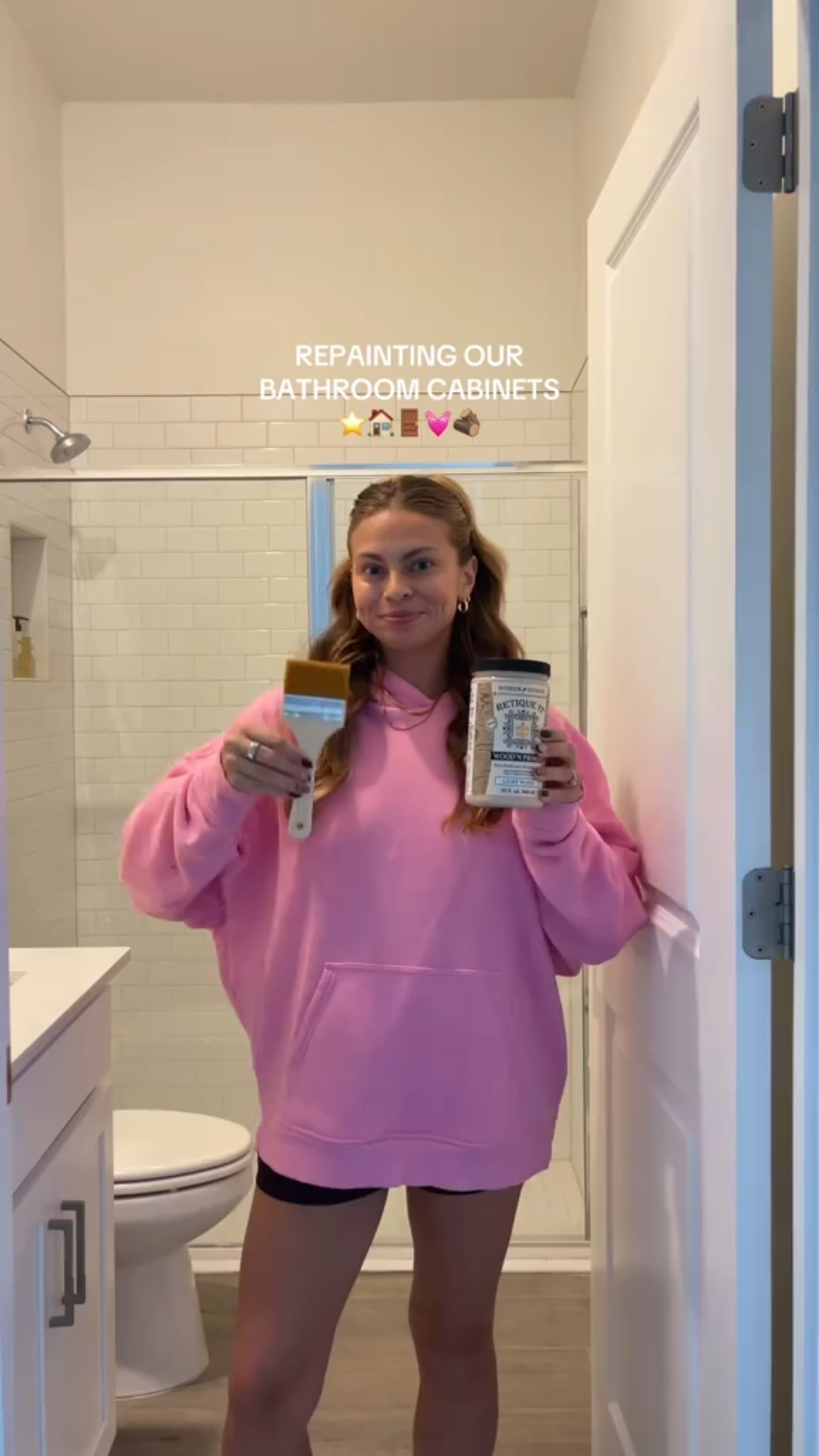 repainting our bathroom cabinets! was so nervous to use this wood paint but it came out amazinggggg. used retique it pickled oak 🖤🖤

#LTKFindsUnder50 #LTKHome #LTKSeasonal