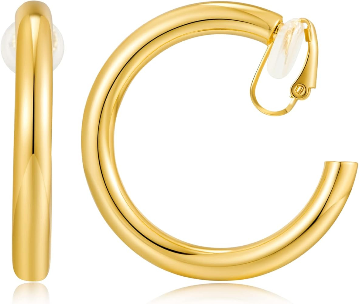 WOWORAMA Gold Clip On Hoop Earrings for Women Classic Large Chunky Hoops Clip On Earrings Non Pie... | Amazon (US)