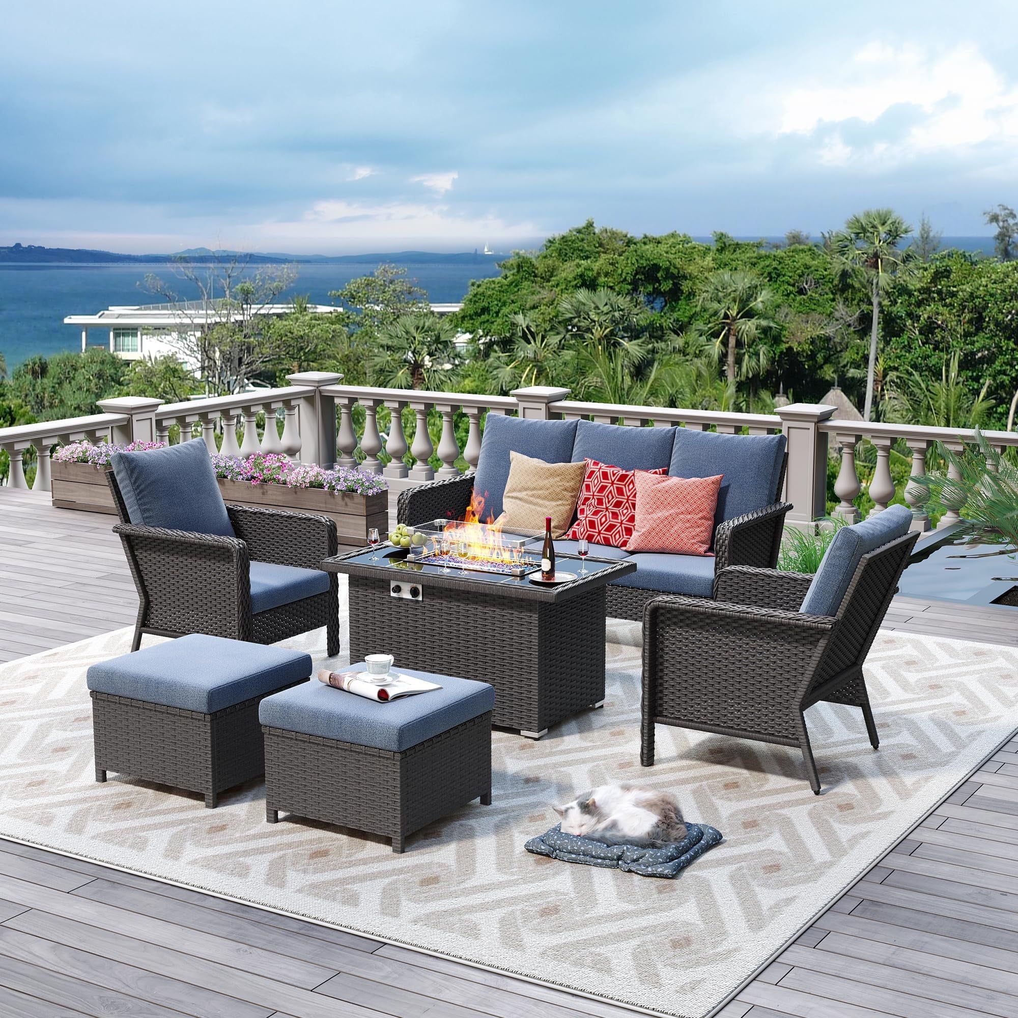 Brafab 6pcs Outdoor Patio Furniture Set with 44" Gas Fire Pit Table, PE Wicker Patio Conversation... | Walmart (US)