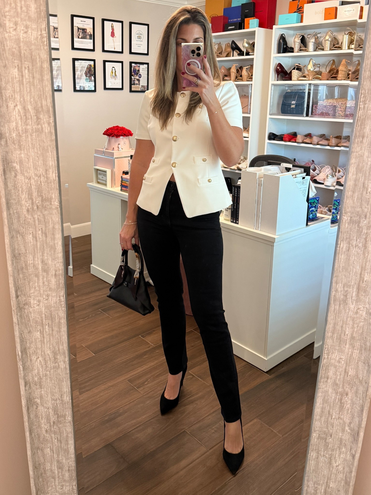 Top runs TTS. Wearing a size S. (Style Tip: pair these with a high waisted pant as the slit comes up high in the front!) Currently 30% off!

Jeans run TTS. Wearing a 28. Great length for my tall ladies!

My comfiest high heels run TTS. Wearing size 10.

The bag is “small” but so roomy. A perfect style that can be worn from day to night and offers two different shapes. 

#LTKTall #LTKWorkwear #LTKOver40