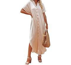 Dokotoo Womens Casual Short Sleeve Side Split Button Down Long Kimonos Cardigans Swimsuit Cover Ups | Amazon (US)