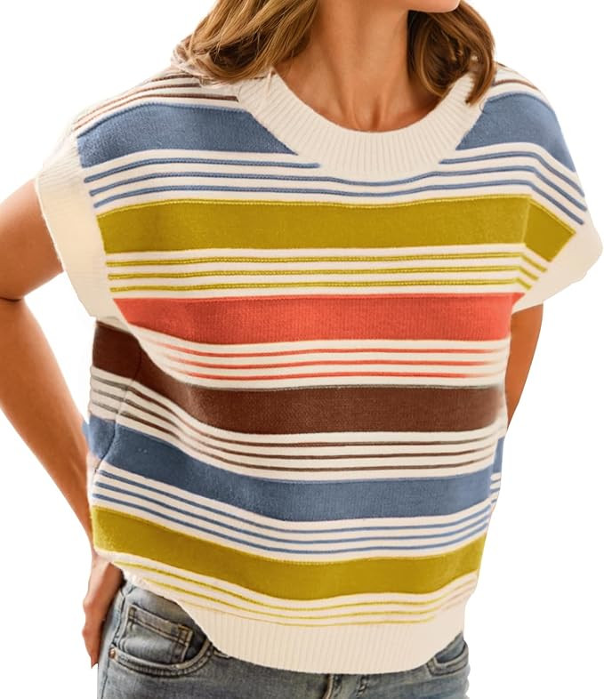 FireSwan Womens Cap Sleeve Sweater Vest Striped Color Block Loose Tank Tops Trendy Vacation Outfi... | Amazon (US)