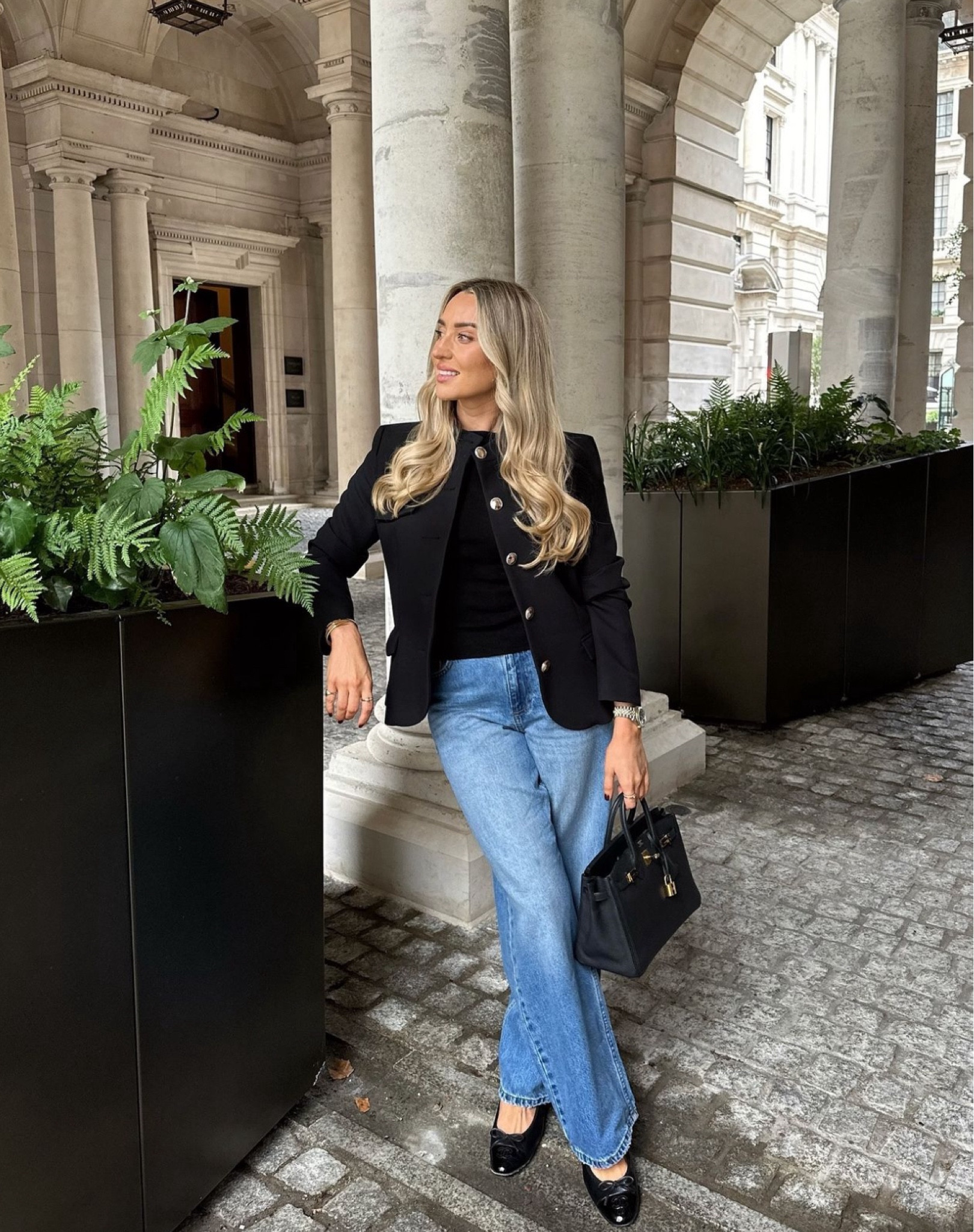 Tailored city look with River Island, the ultimate smart casual workwear style with this collarless black jacket and blue jeans combo

#LTKworkwear #LTKautumn #FashionMonth