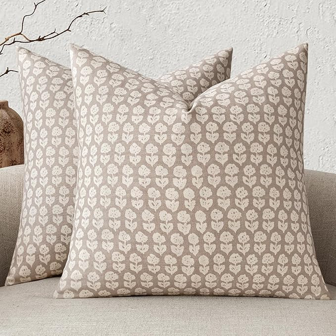 MIULEE Block Print Pillow Covers 18x18 Inch Set of 2, Vintage Floral Throw Pillow Cases Neutral L... | Amazon (US)
