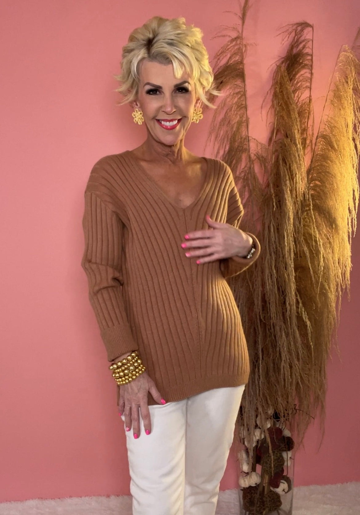 Mocha V Neck Sweater | Peppered with leopard