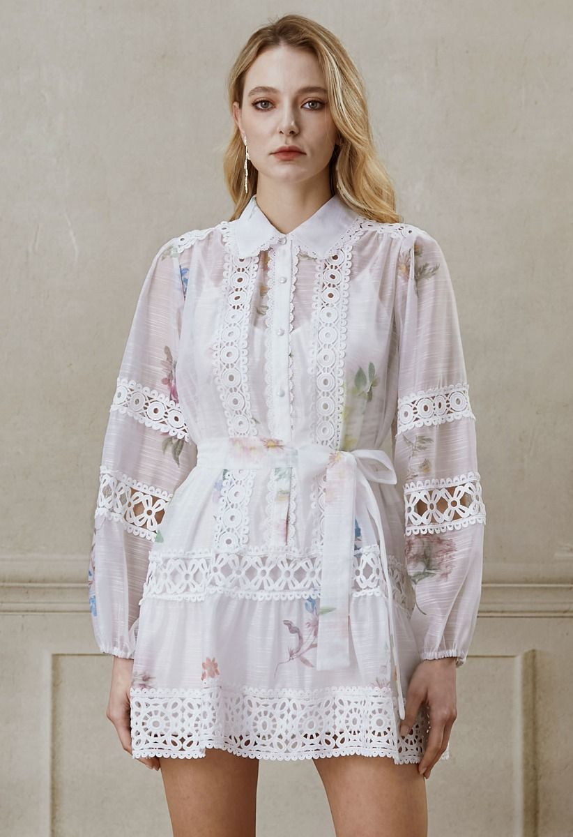 Botanical Print Cutwork Lace Panelled Organza Mini Dress | Chicwish