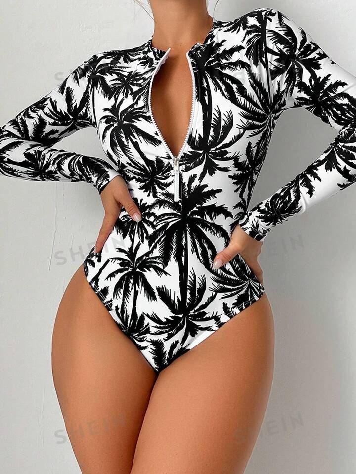 SHEIN Swim SPRTY Palm Tree Print Zip Up One Piece Swimsuit | SHEIN