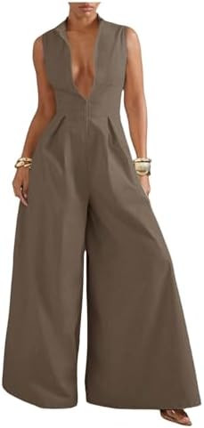 Verdusa Women's Zip Up Wide Leg Jumpsuits Sleeveless One Piece Dressy Rompers | Amazon (US)