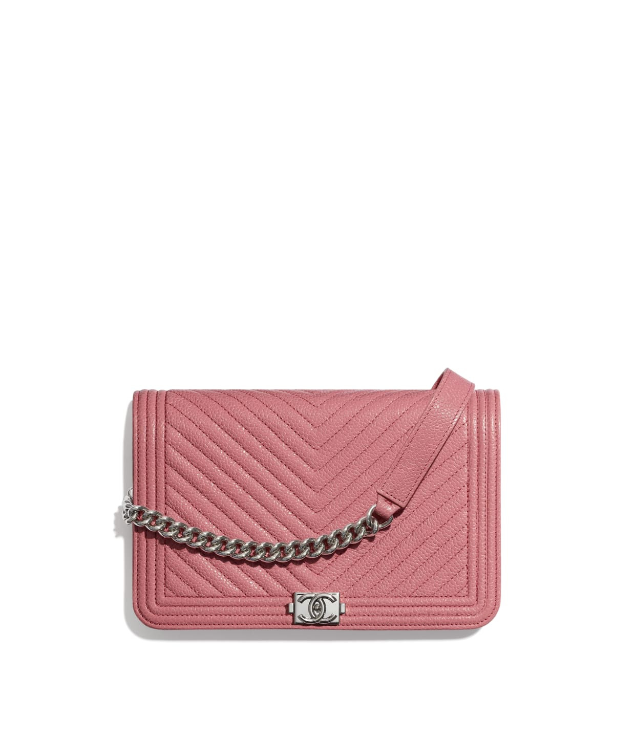 Shiny Grained Calfskin & Silver-Tone Metal Pink BOY CHANEL Wallet on Chain | CHANEL | Chanel, Inc. (US)