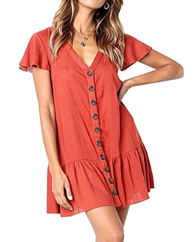 Huiyuzhi Womens Ruffles Short Sleeve V Neck Button Down Shirt Dresses Midi Skater Dress with Pockets | Amazon (US)